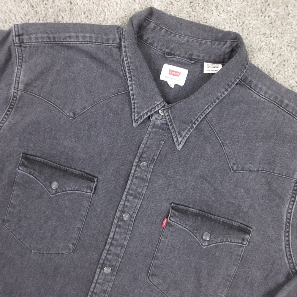 Levis‎ Shirt Mens 2XL Black Denim Jean Pearl Snap Western Cowboy Workwear Faded